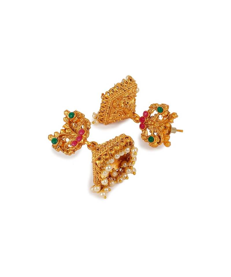 Antique Matte Gold Finish Green Stone Studded Temple Jewellery set