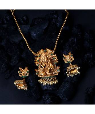 Antique Matte Gold Finish Green Stone Studded Temple Jewellery set 1