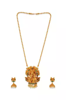 Antique Matte Gold Finish Green Stone Studded Temple Jewellery set