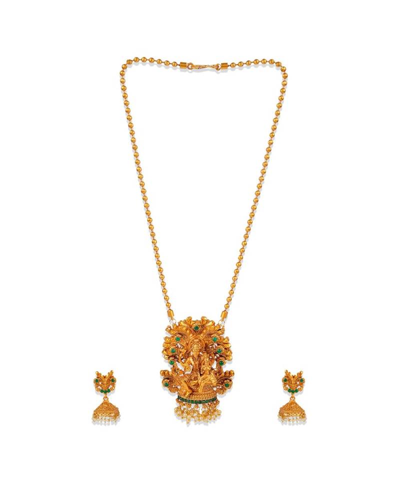 Antique Matte Gold Finish Green Stone Studded Temple Jewellery set