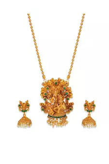 Antique Matte Gold Finish Green Stone Studded Temple Jewellery set