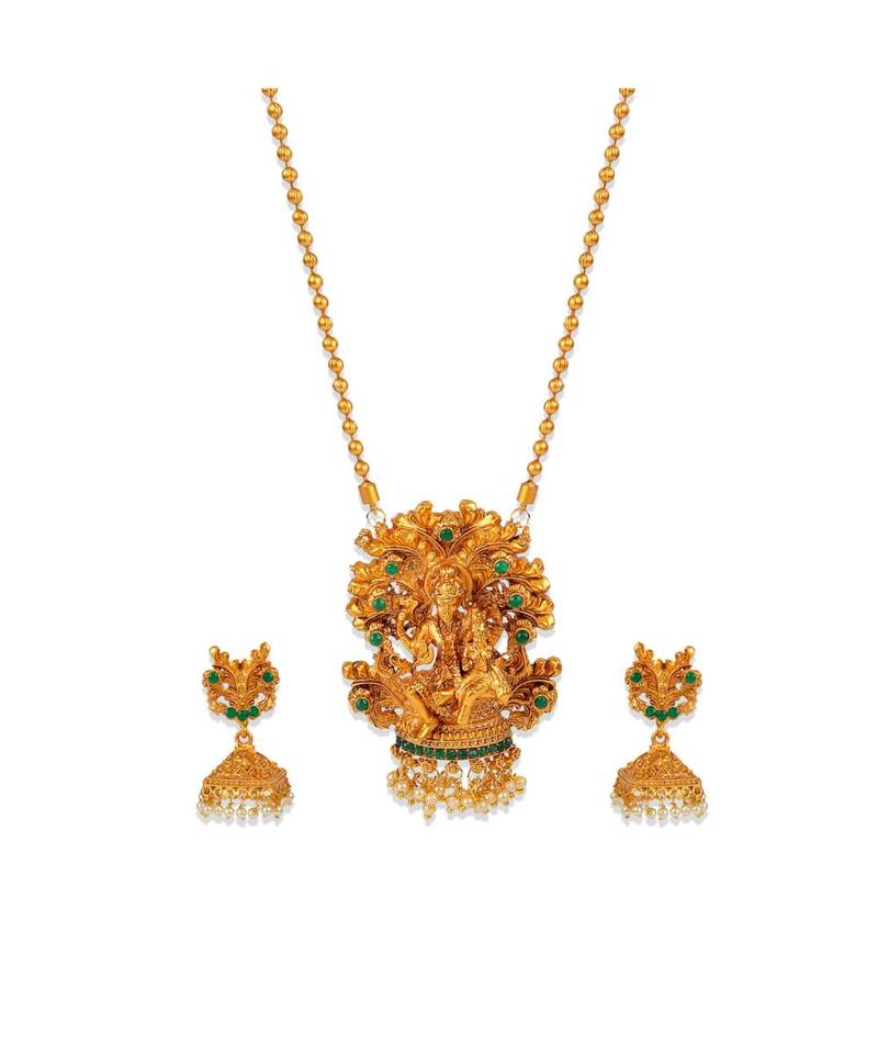 Antique Matte Gold Finish Green Stone Studded Temple Jewellery set