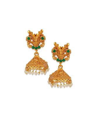 Antique Matte Gold Finish Green Stone Studded Temple Jewellery set 4