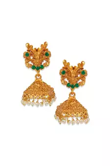 Antique Matte Gold Finish Green Stone Studded Temple Jewellery set
