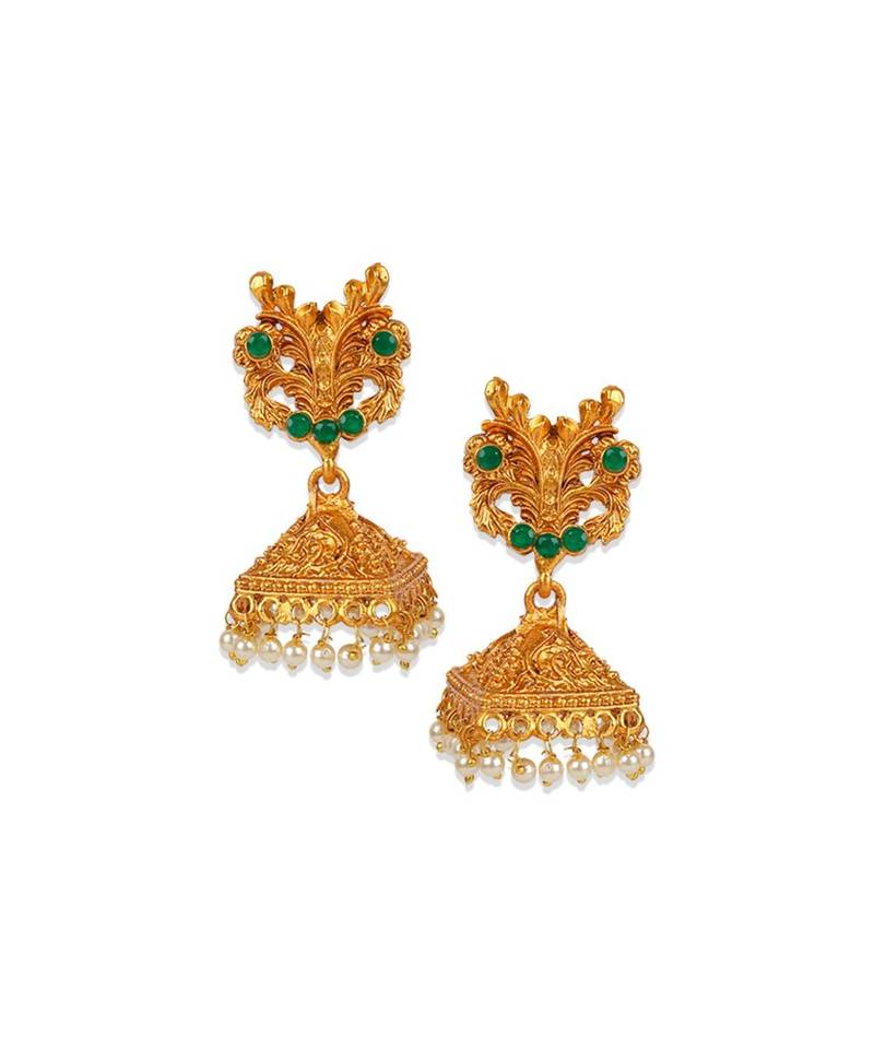 Antique Matte Gold Finish Green Stone Studded Temple Jewellery set