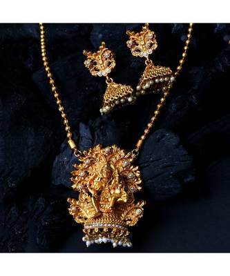 Antique Matte Gold Finish Goddess Laxmi White Stone Studded Temple Jewellery set 1