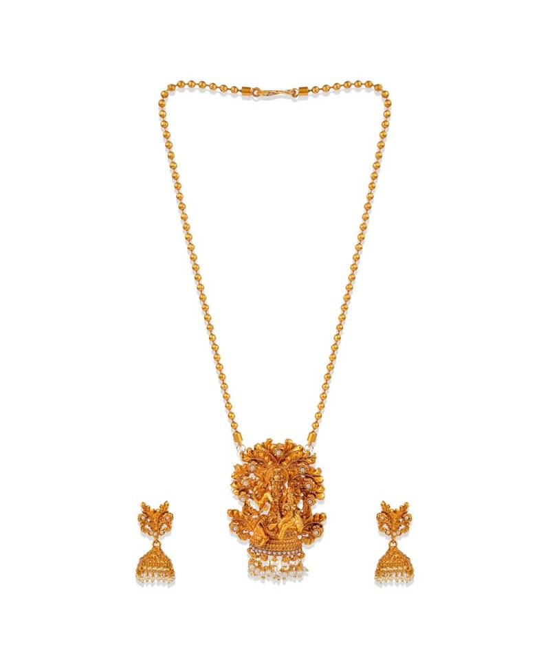 Antique Matte Gold Finish Goddess Laxmi White Stone Studded Temple Jewellery set