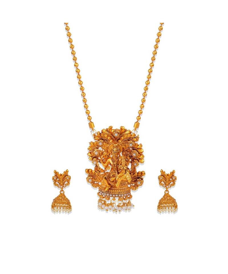 Antique Matte Gold Finish Goddess Laxmi White Stone Studded Temple Jewellery set