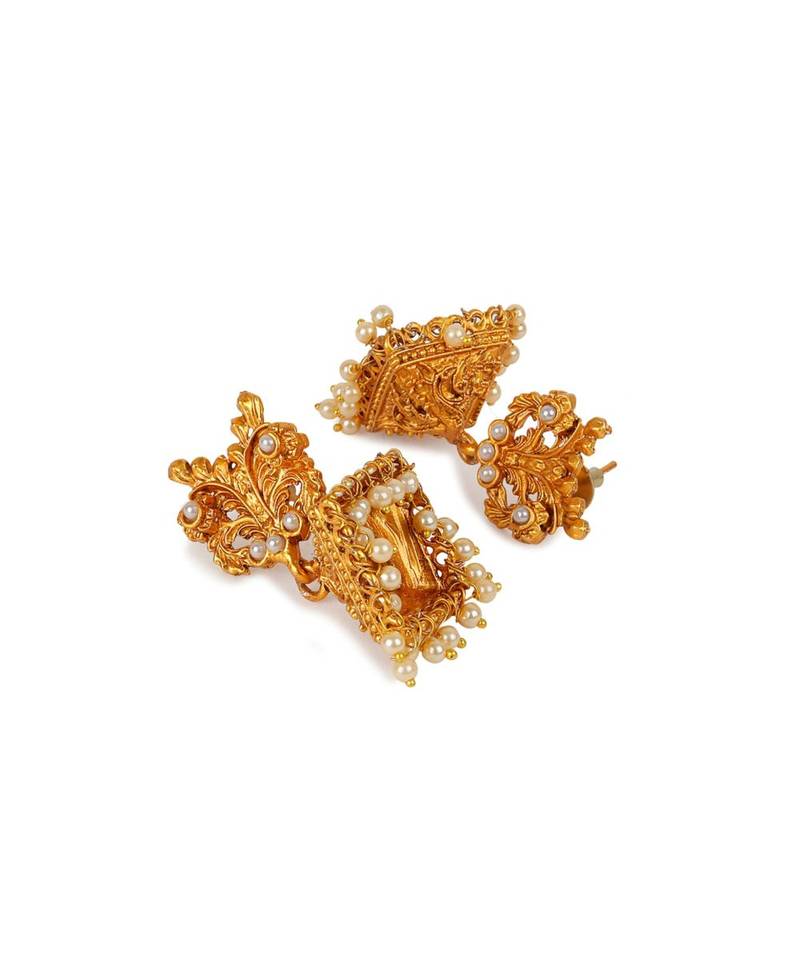 Antique Matte Gold Finish Goddess Laxmi White Stone Studded Temple Jewellery set