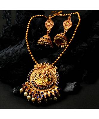 Antique Matte Gold Finish Goddess Laxmi Blue Stone Studded Temple Jewellery set 1