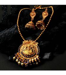 Antique Matte Gold Finish Goddess Laxmi Blue Stone Studded Temple Jewellery set