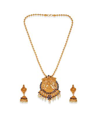 Antique Matte Gold Finish Goddess Laxmi Blue Stone Studded Temple Jewellery set 2