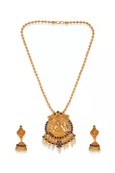 Antique Matte Gold Finish Goddess Laxmi Blue Stone Studded Temple Jewellery set