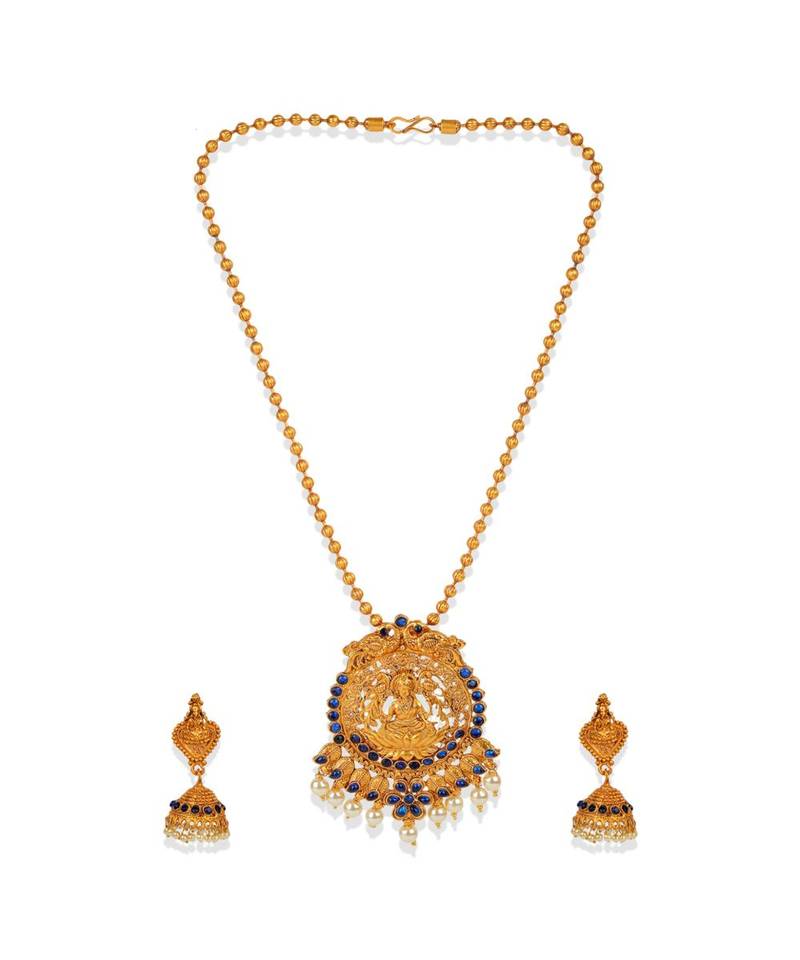 Antique Matte Gold Finish Goddess Laxmi Blue Stone Studded Temple Jewellery set