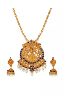 Antique Matte Gold Finish Goddess Laxmi Blue Stone Studded Temple Jewellery set