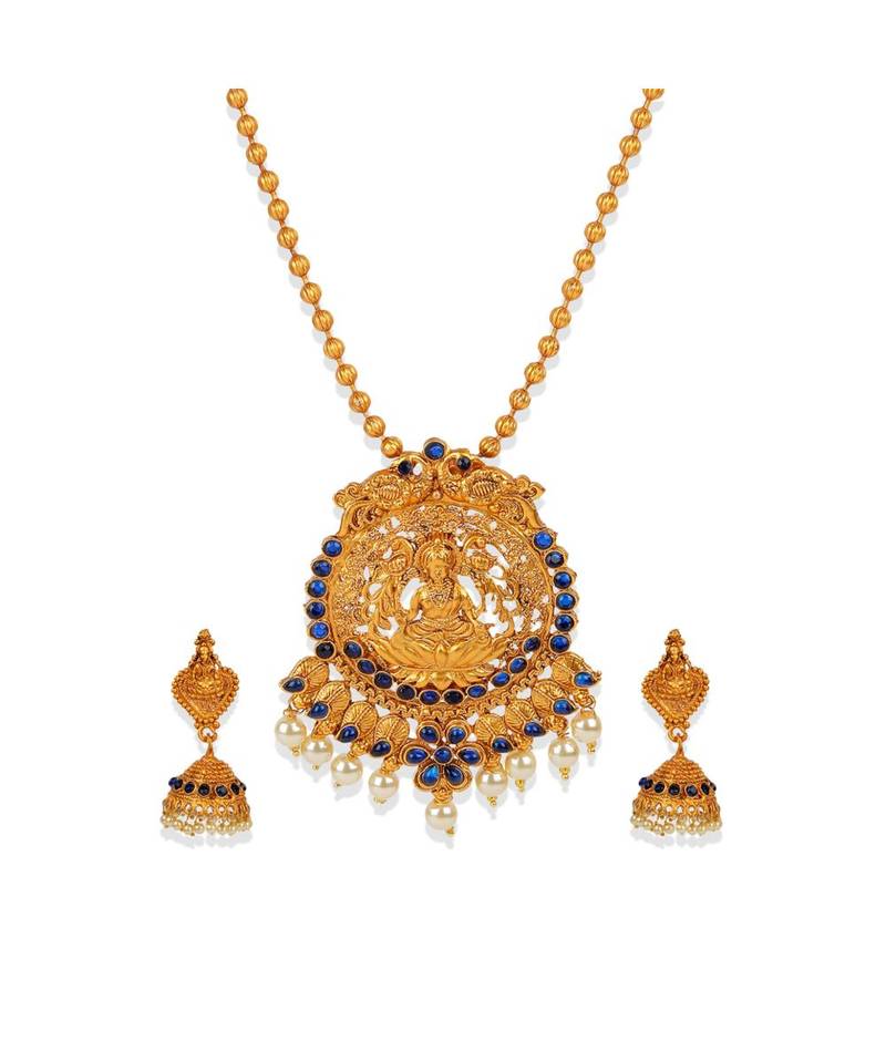 Antique Matte Gold Finish Goddess Laxmi Blue Stone Studded Temple Jewellery set