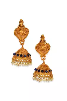 Antique Matte Gold Finish Goddess Laxmi Blue Stone Studded Temple Jewellery set