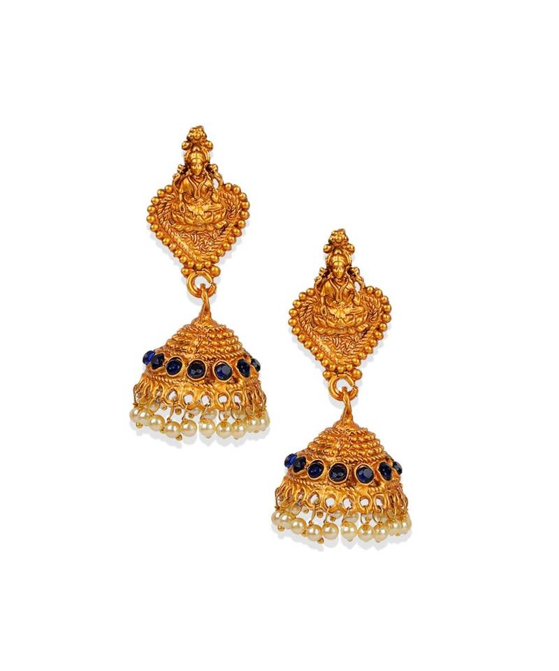 Antique Matte Gold Finish Goddess Laxmi Blue Stone Studded Temple Jewellery set