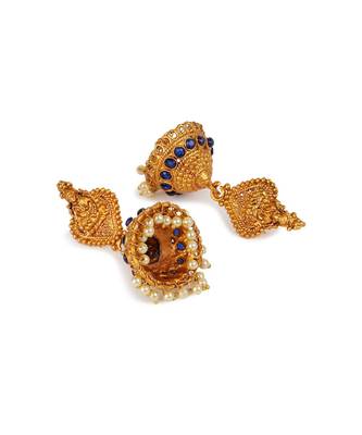 Antique Matte Gold Finish Goddess Laxmi Blue Stone Studded Temple Jewellery set 5