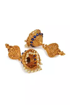 Antique Matte Gold Finish Goddess Laxmi Blue Stone Studded Temple Jewellery set