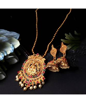 Antique Matte Gold Finish Goddess Laxmi Green Stone Studded Temple Jewellery set 1