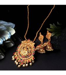 Antique Matte Gold Finish Goddess Laxmi Green Stone Studded Temple Jewellery set