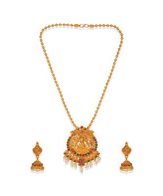 Antique Matte Gold Finish Goddess Laxmi Green Stone Studded Temple Jewellery set 2