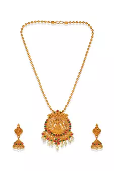 Antique Matte Gold Finish Goddess Laxmi Green Stone Studded Temple Jewellery set