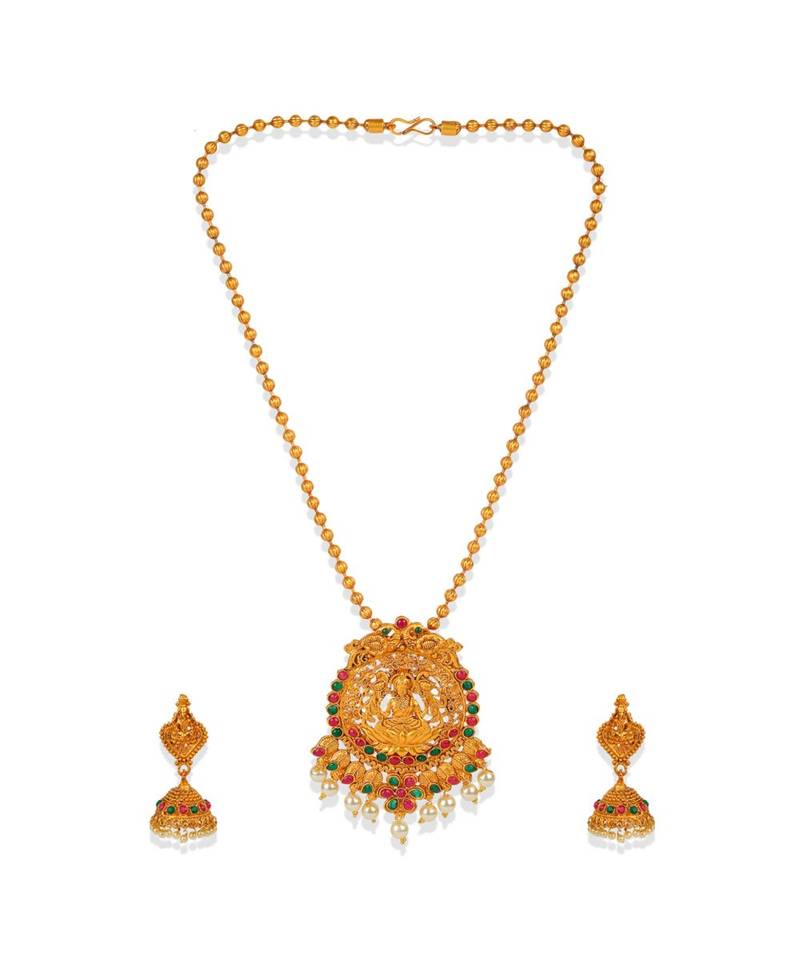Antique Matte Gold Finish Goddess Laxmi Green Stone Studded Temple Jewellery set