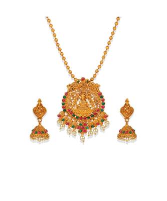 Antique Matte Gold Finish Goddess Laxmi Green Stone Studded Temple Jewellery set 3