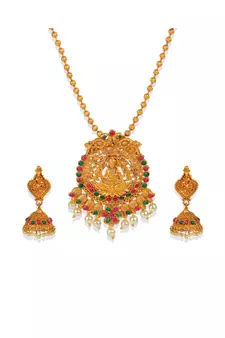 Antique Matte Gold Finish Goddess Laxmi Green Stone Studded Temple Jewellery set