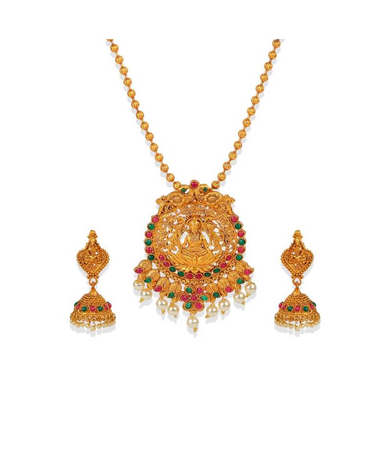 Antique Matte Gold Finish Goddess Laxmi Green Stone Studded Temple Jewellery set