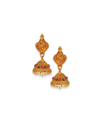 Antique Matte Gold Finish Goddess Laxmi Green Stone Studded Temple Jewellery set 4