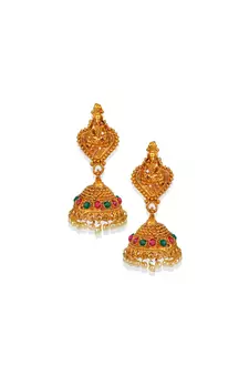 Antique Matte Gold Finish Goddess Laxmi Green Stone Studded Temple Jewellery set