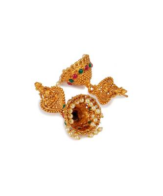 Antique Matte Gold Finish Goddess Laxmi Green Stone Studded Temple Jewellery set 5