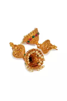 Antique Matte Gold Finish Goddess Laxmi Green Stone Studded Temple Jewellery set