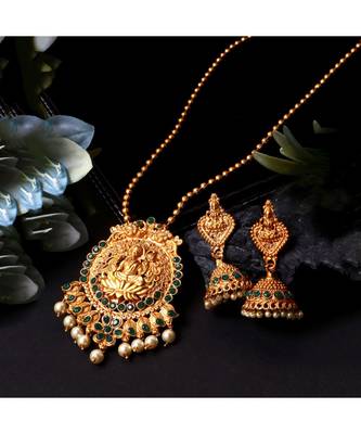 Antique Matte Gold Finish Goddess Laxmi Green Stone Studded Temple Jewellery set 1