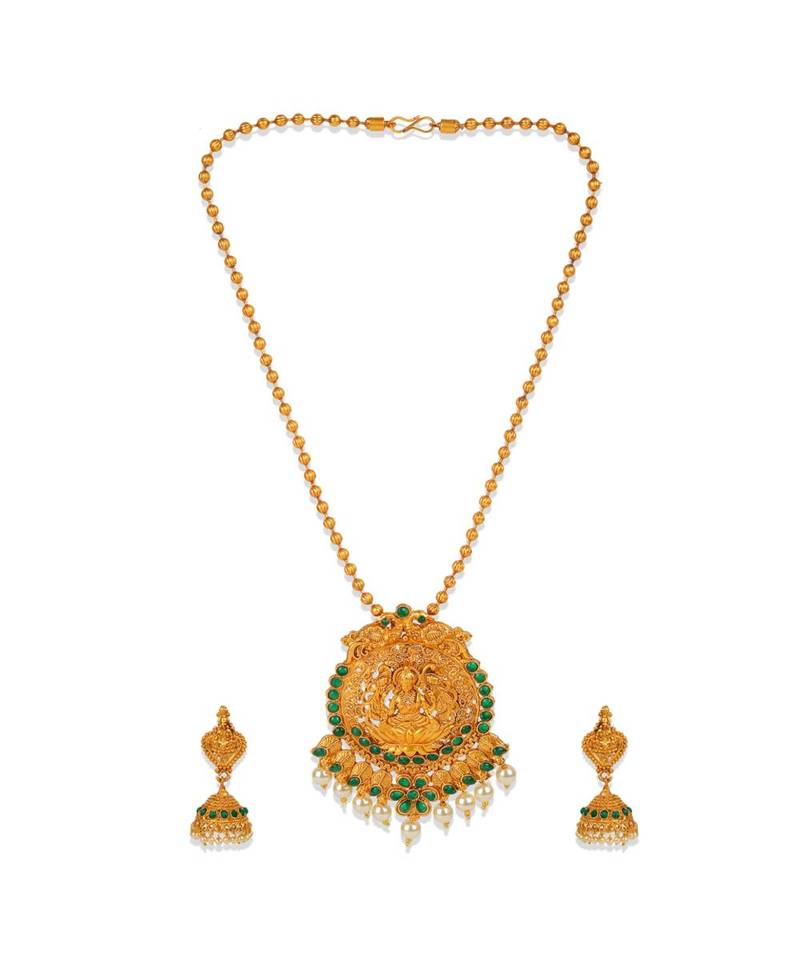Antique Matte Gold Finish Goddess Laxmi Green Stone Studded Temple Jewellery set