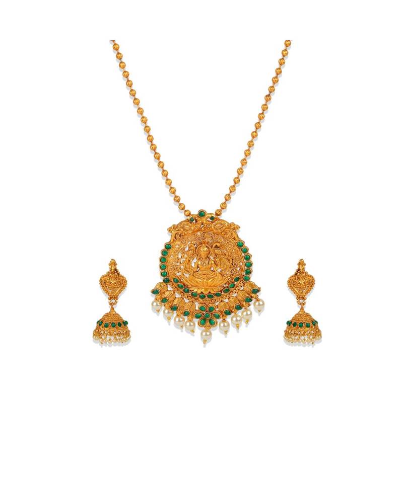Antique Matte Gold Finish Goddess Laxmi Green Stone Studded Temple Jewellery set