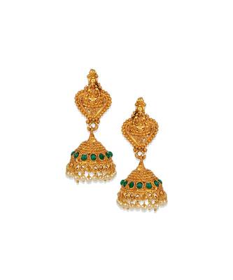 Antique Matte Gold Finish Goddess Laxmi Green Stone Studded Temple Jewellery set 4