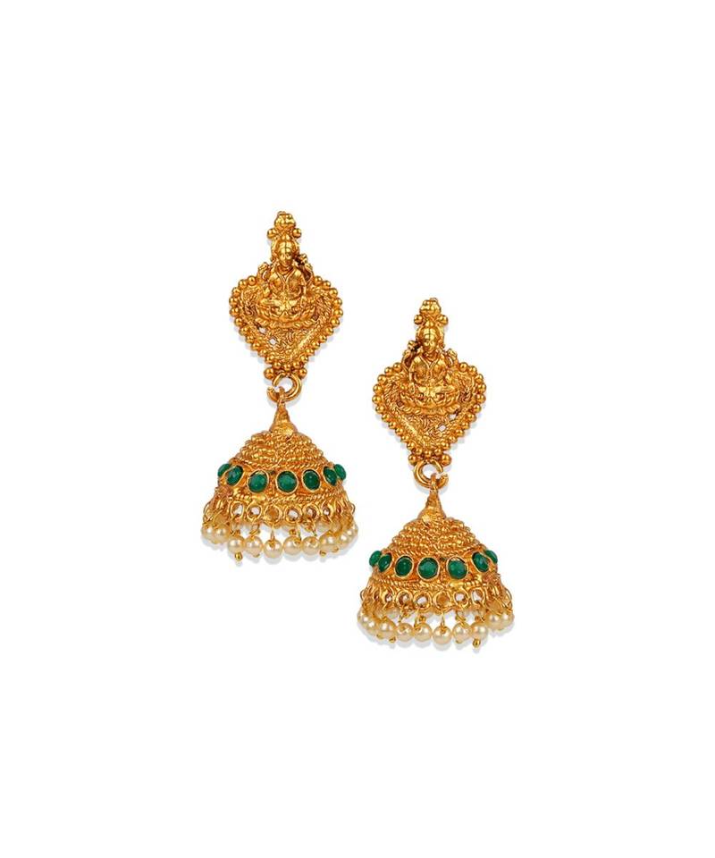 Antique Matte Gold Finish Goddess Laxmi Green Stone Studded Temple Jewellery set