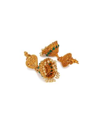 Antique Matte Gold Finish Goddess Laxmi Green Stone Studded Temple Jewellery set 5
