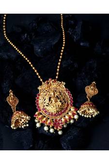 Antique Matte Gold Finish Goddess Laxmi Maroon Stone Studded Temple Jewellery set