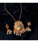 Antique Matte Gold Finish Goddess Laxmi Maroon Stone Studded Temple Jewellery set