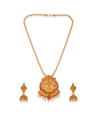 Antique Matte Gold Finish Goddess Laxmi Maroon Stone Studded Temple Jewellery set 2