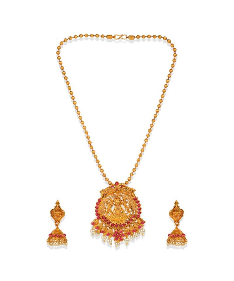 Antique Matte Gold Finish Goddess Laxmi Maroon Stone Studded Temple Jewellery set