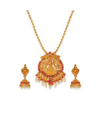 Antique Matte Gold Finish Goddess Laxmi Maroon Stone Studded Temple Jewellery set 3