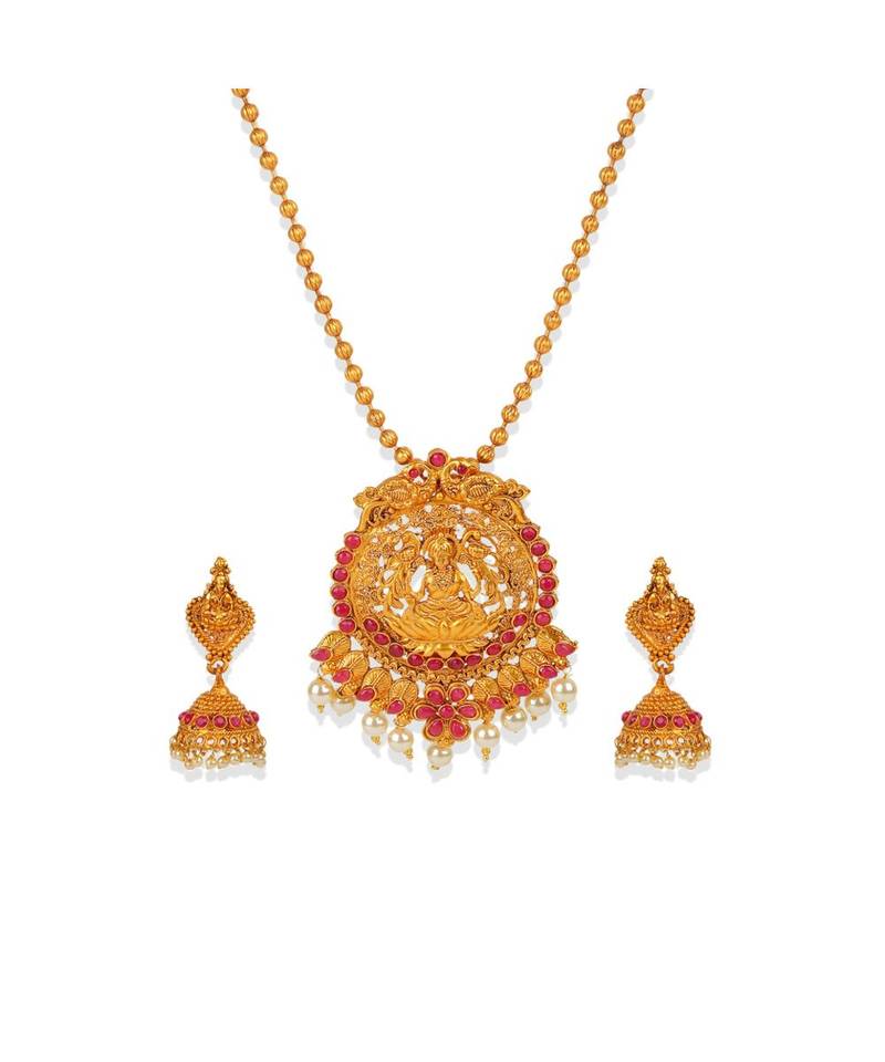 Antique Matte Gold Finish Goddess Laxmi Maroon Stone Studded Temple Jewellery set