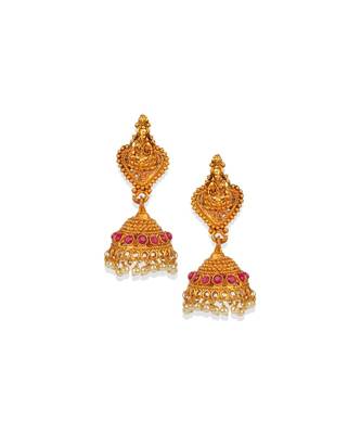 Antique Matte Gold Finish Goddess Laxmi Maroon Stone Studded Temple Jewellery set 4