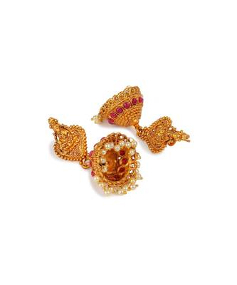 Antique Matte Gold Finish Goddess Laxmi Maroon Stone Studded Temple Jewellery set 5